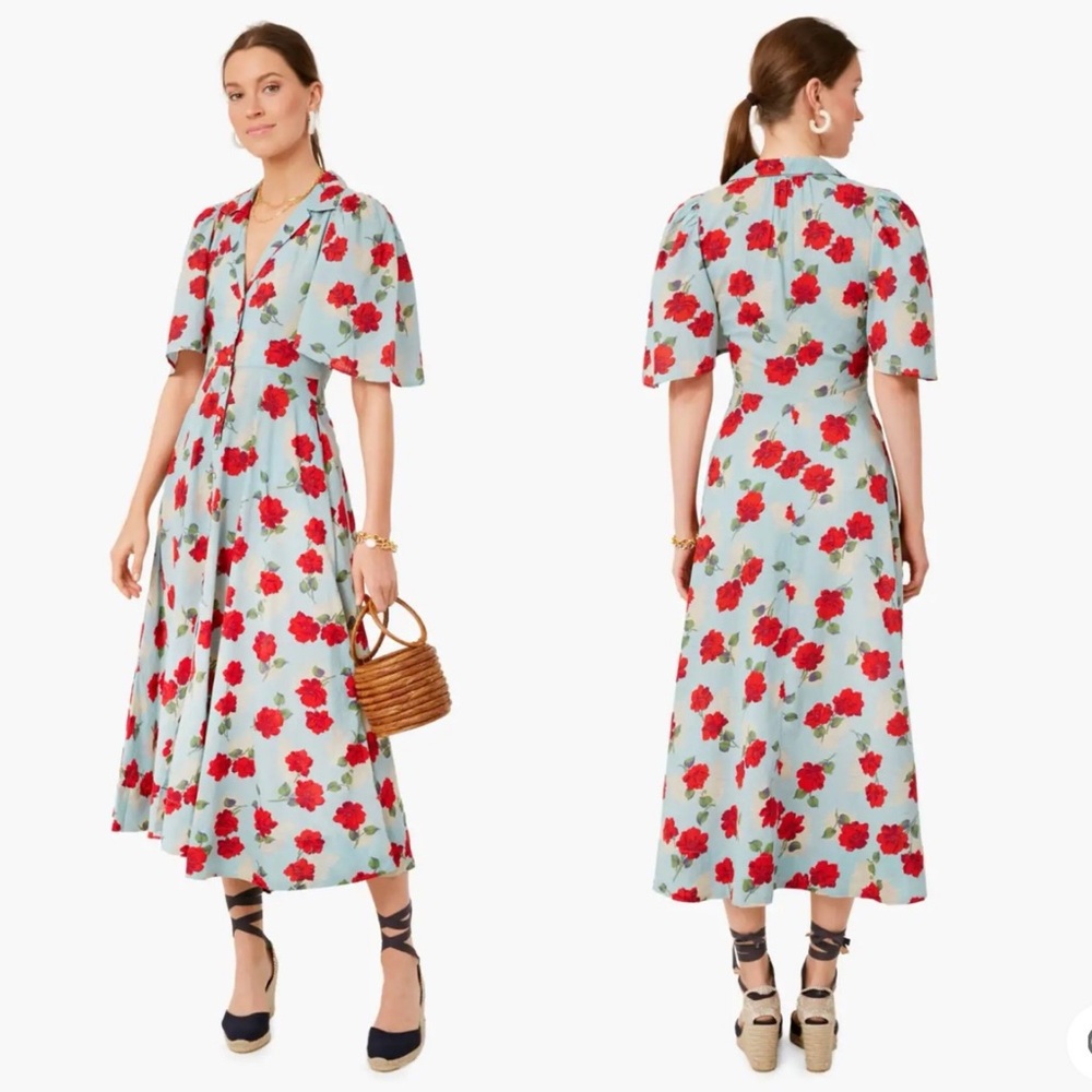 The Great Bridge Floral Midi Dress Blue Red Cotton Size 0 / XS